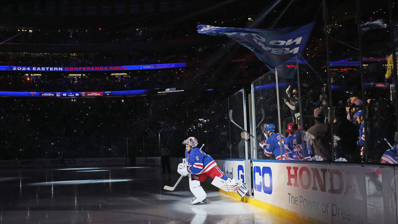 NEW YORK, NY - MAY 24: Igor Shesterkin #31 of the New York Rangers skates out to play against the Florida Panthers in Game Two of the Eastern Conference Final of the 2024 Stanley Cup Playoffs at Madison Square Garden on May 24, 2024 in New York City.