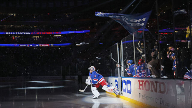 NEW YORK, NY - MAY 24: Igor Shesterkin #31 of the New York Rangers skates out to play against the Florida Panthers in Game Two of the Eastern Conference Final of the 2024 Stanley Cup Playoffs at Madison Square Garden on May 24, 2024 in New York City.