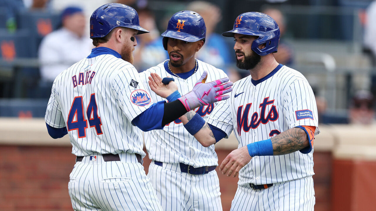 NEW YORK, NEW YORK - MAY 29: Tomás Nido #3 of the New York Mets celebrate his fifth inning home run against the Los Angeles Dodgers with Harrison Bader #44, and Francisco Lindor #12 during their game at Citi Field on May 29, 2024 in New York City.
