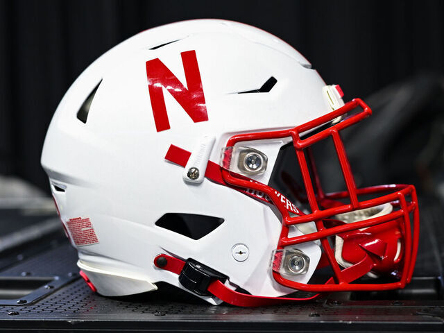 INDIANAPOLIS, IN - JULY 27: A Nebraska Cornhuskers football helmet sits on a case during the Big Ten Conference Media Days on July 27, 2023 at Lucas Oil Stadium in Indianapolis, IN