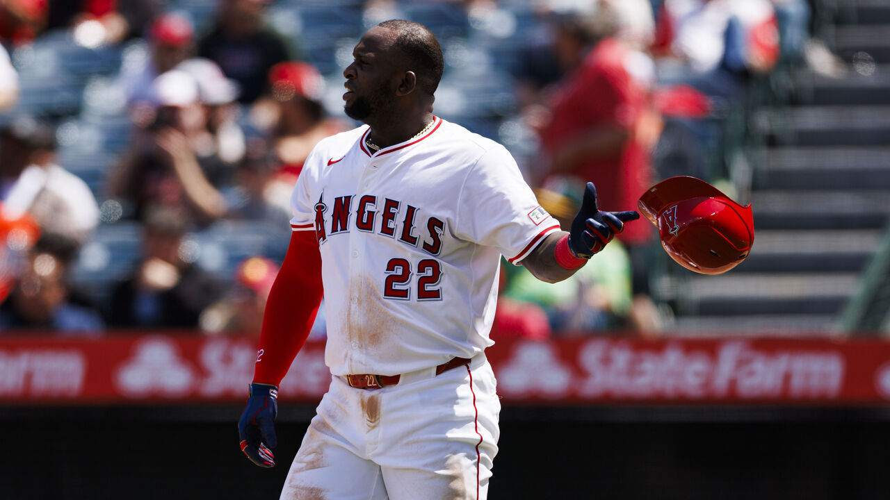 ANAHEIM, CALIFORNIA - APRIL 24: Miguel Sanó #22 of the Los Angeles Angels at bat during a MLB baseball game against the Baltimore Orioles at Angel Stadium of Anaheim on April 24, 2024 in Anaheim, California.