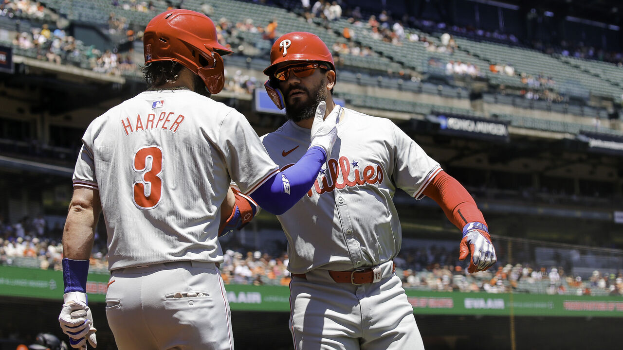 SAN FRANCISCO, CA - MAY 29: Philadelphia Phillies 1B Bryce Harper (3) greets Philadelphia Phillies OF/DH Kyle Schwarber (12) after his home run early in the game between the Philadelphia Phillies and San Francisco Giants on May 29, 2024 at Oracle Park in San Francisco, CA.