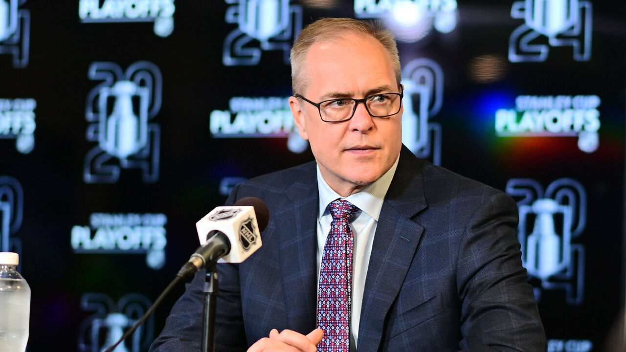TAMPA, FLORIDA - APRIL 25: Head coach Paul Maurice of the Florida Panthers answers questions at a press conference after a 5-3 win over the Tampa Bay Lightning in Game Three of the First Round of the 2024 Stanley Cup Playoffs at Amalie Arena on April 25, 2024 in Tampa, Florida.