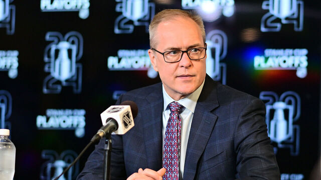 TAMPA, FLORIDA - APRIL 25: Head coach Paul Maurice of the Florida Panthers answers questions at a press conference after a 5-3 win over the Tampa Bay Lightning in Game Three of the First Round of the 2024 Stanley Cup Playoffs at Amalie Arena on April 25, 2024 in Tampa, Florida.