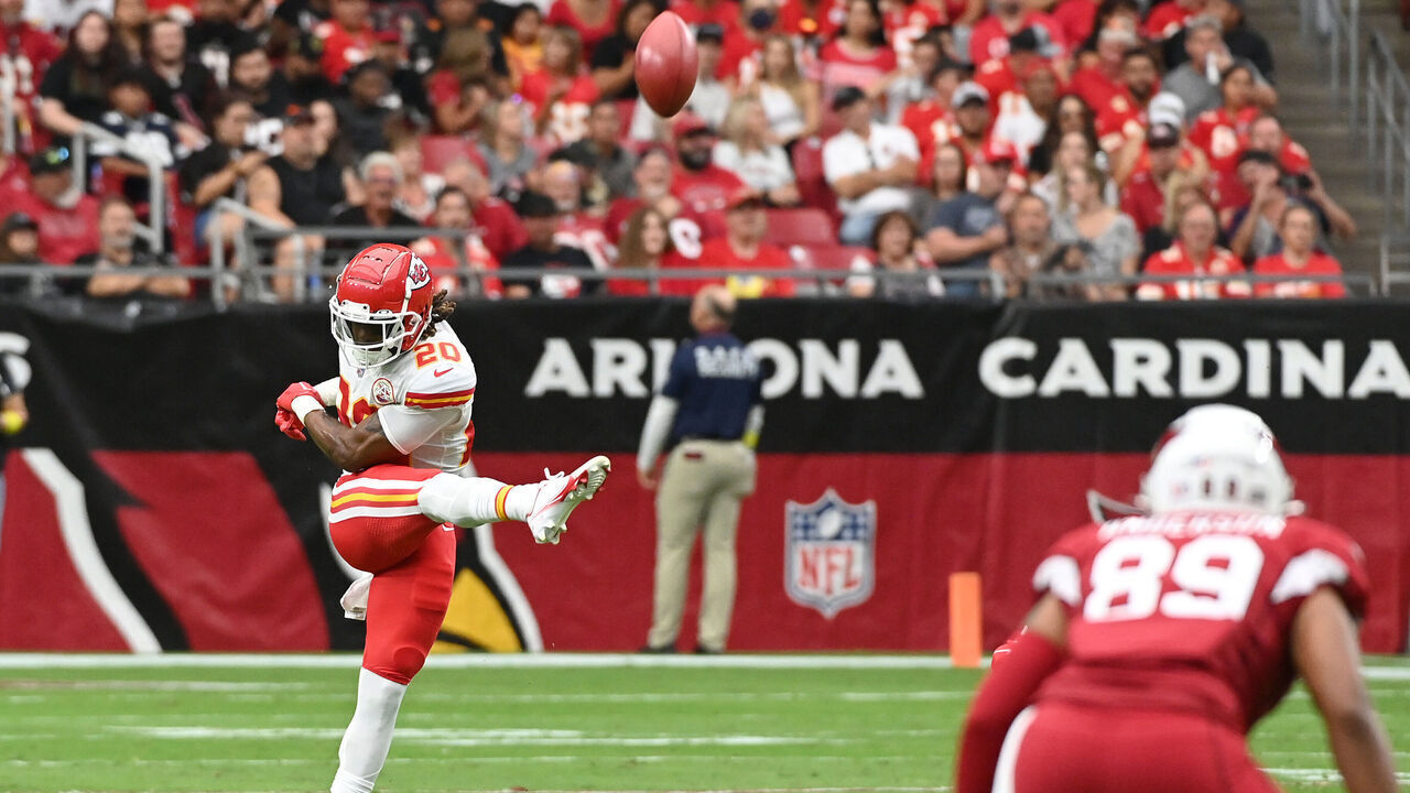 GLENDALE, ARIZONA - SEPTEMBER 11:Safety Justin Reid #20 of the Kansas City Chiefs kicks the ball during the game against the Arizona Cardinals at State Farm Stadium on September 11, 2022 in Glendale, Arizona.