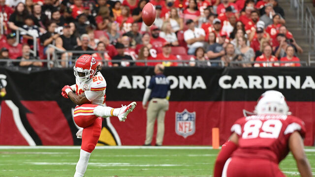 GLENDALE, ARIZONA - SEPTEMBER 11:Safety Justin Reid #20 of the Kansas City Chiefs kicks the ball during the game against the Arizona Cardinals at State Farm Stadium on September 11, 2022 in Glendale, Arizona.