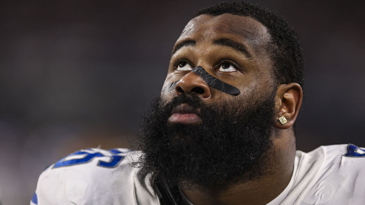 ARLINGTON, TX - DECEMBER 30: Isaiah Buggs #96 of the Detroit Lions looks on from the sideline during an NFL football game against the Dallas Cowboys at AT&T Stadium on December 30, 2023 in Arlington, Texas.
