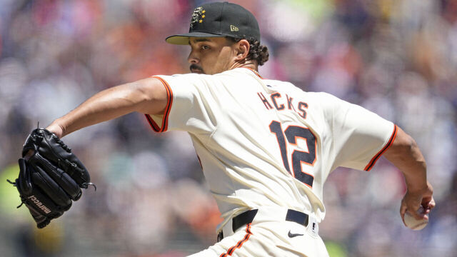 SAN FRANCISCO, CALIFORNIA - MAY 19: Jordan Hicks #12 of the San Francisco Giants pitches against the Colorado Rockies at Oracle Park on May 19, 2024 in San Francisco, California.