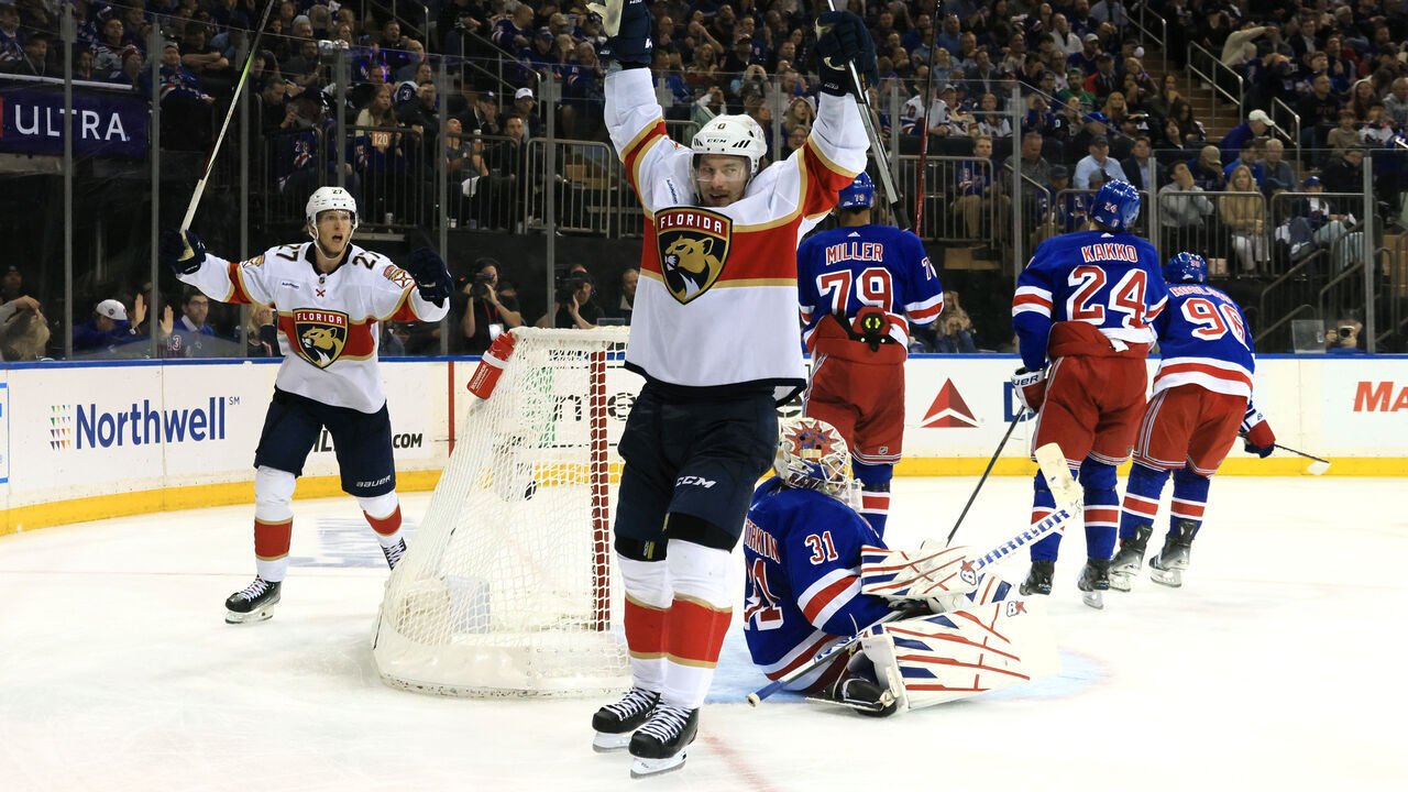 NEW YORK, NEW YORK - MAY 30: Vladimir Tarasenko #10 of the Florida Panthers celebrates after a goal by Anton Lundell #15 during the third period against the New York Rangers in Game Five of the Eastern Conference Final of the 2024 Stanley Cup Playoffs at Madison Square Garden on May 30, 2024 in New York City.