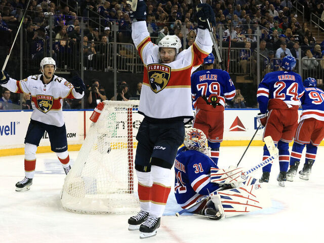 NEW YORK, NEW YORK - MAY 30: Vladimir Tarasenko #10 of the Florida Panthers celebrates after a goal by Anton Lundell #15 during the third period against the New York Rangers in Game Five of the Eastern Conference Final of the 2024 Stanley Cup Playoffs at Madison Square Garden on May 30, 2024 in New York City.