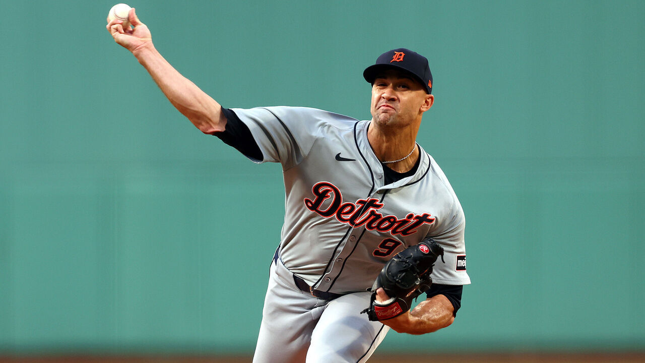 BOSTON, MASSACHUSETTS - MAY 30: Starting pitcher Jack Flaherty #9 of the Detroit Tigers throws against the Boston Red Sox during the first inning at Fenway Park on May 30, 2024 in Boston, Massachusetts.