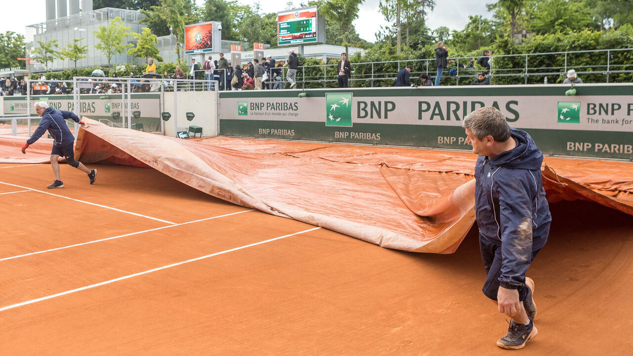 A rain delay is occurring during Roland Garros 2024 in Paris, France, on May 30, 2024.