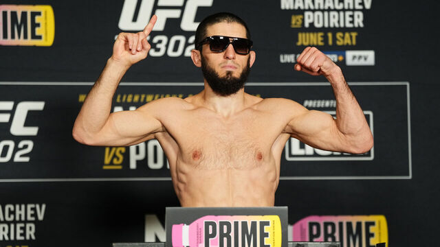 NEWARK, NEW JERSEY - MAY 31: Islam Makhachev of Russia poses on the scale during the UFC 302 official weigh-in at the Westin Jersey City Newport on May 31, 2024 in Jersey City, New Jersey.
