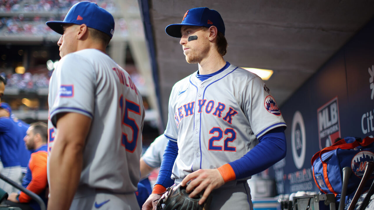 PHILADELPHIA, PA - MAY 16: Brett Baty #22 of the New York Mets looks on during the game between the New York Mets and the Philadelphia Phillies at Citizens Bank Park on Thursday, May 16, 2024 in Philadelphia, Pennsylvania.