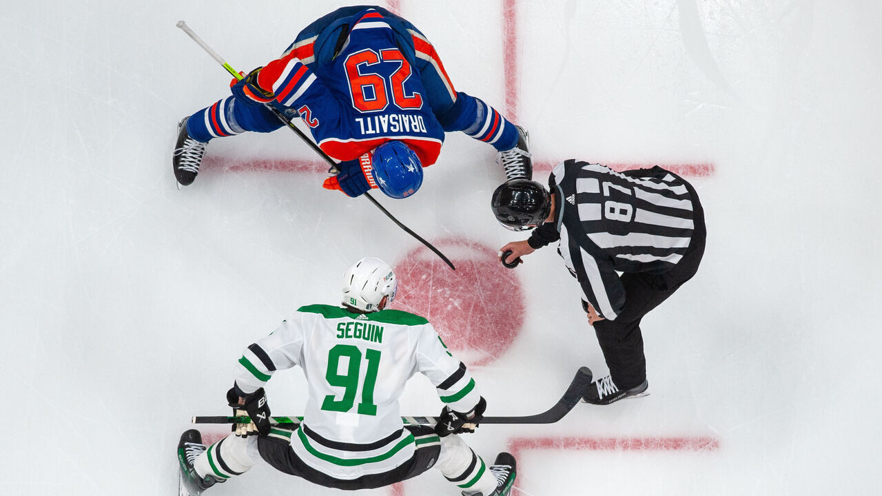 EDMONTON, CANADA - MAY 29: Leon Draisaitl #29 of the Edmonton Oilers lines up for a face-off against Tyler Seguin #91 of the Dallas Stars in Game Four of the Western Conference Final of the 2024 Stanley Cup Playoffs at Rogers Place on May 29, 2024, in Edmonton, Alberta, Canada.