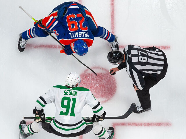 EDMONTON, CANADA - MAY 29: Leon Draisaitl #29 of the Edmonton Oilers lines up for a face-off against Tyler Seguin #91 of the Dallas Stars in Game Four of the Western Conference Final of the 2024 Stanley Cup Playoffs at Rogers Place on May 29, 2024, in Edmonton, Alberta, Canada.