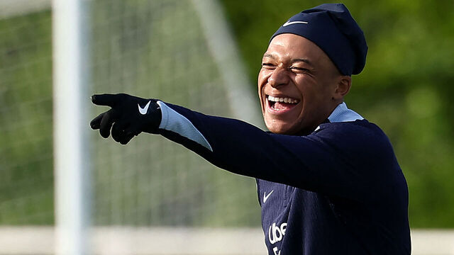 France's forward Kylian Mbappe reacts during a training session, as part of the team's preparation for upcoming UEFA Euro 2024 Football Championship, in Clairefontaine-en-Yvelines on May 30, 2024. The UEFA Euro 2024 championship will take place from June 14 to July 14, 2024 in Germany.