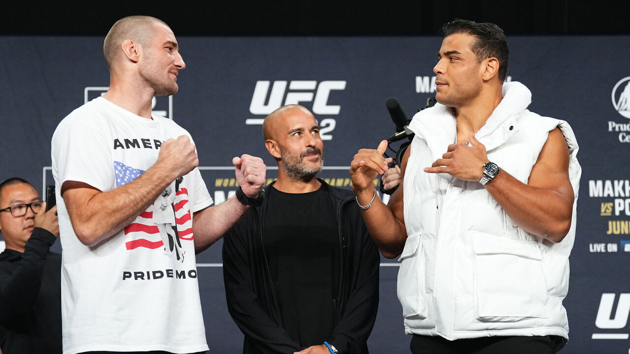 NEWARK, NEW JERSEY - MAY 30: (L-R) Opponents Sean Strickland and Paulo Costa of Brazil face off during the UFC 302 press conference at Prudential Center on May 30, 2024 in Newark, New Jersey.