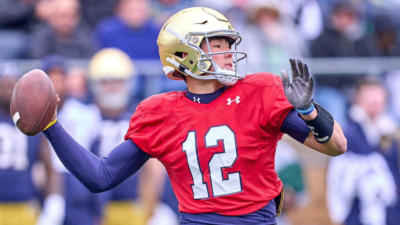 SOUTH BEND, INDIANA - APRIL 22: Tyler Buchner #12 throws the football during the Notre Dame Blue-Gold Spring Football Game at Notre Dame Stadium on April 22, 2023 in South Bend, Indiana.