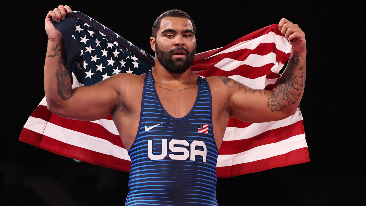 CHIBA, JAPAN - AUGUST 06: Gable Dan Steveson of Team United celebrates defeating Geno Petriashvili of Team Georgia during the Men’s Freestyle 125kg Gold Medal Match on day fourteen of the Tokyo 2020 Olympic Games at Makuhari Messe Hall on August 06, 2021 in Chiba, Japan.