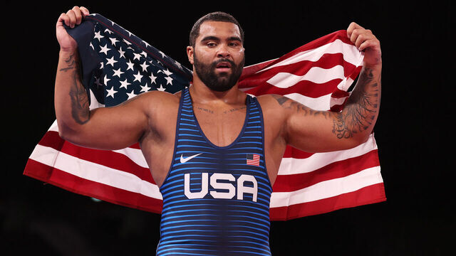CHIBA, JAPAN - AUGUST 06: Gable Dan Steveson of Team United celebrates defeating Geno Petriashvili of Team Georgia during the Men’s Freestyle 125kg Gold Medal Match on day fourteen of the Tokyo 2020 Olympic Games at Makuhari Messe Hall on August 06, 2021 in Chiba, Japan.