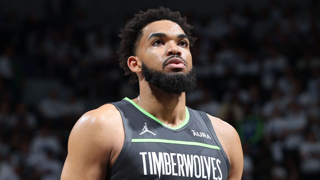 MINNEAPOLIS, MN - MAY 30: Karl-Anthony Towns #32 of the Minnesota Timberwolves looks on during the game against the Dallas Mavericks during Game 5 of the Western Conference Finals during the 2024 NBA Playoffs on May 30, 2024 at Target Center in Minneapolis, Minnesota. Mandatory Copyright Notice: Copyright 2024 NBAE