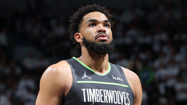 MINNEAPOLIS, MN - MAY 30: Karl-Anthony Towns #32 of the Minnesota Timberwolves looks on during the game against the Dallas Mavericks during Game 5 of the Western Conference Finals during the 2024 NBA Playoffs on May 30, 2024 at Target Center in Minneapolis, Minnesota. Mandatory Copyright Notice: Copyright 2024 NBAE