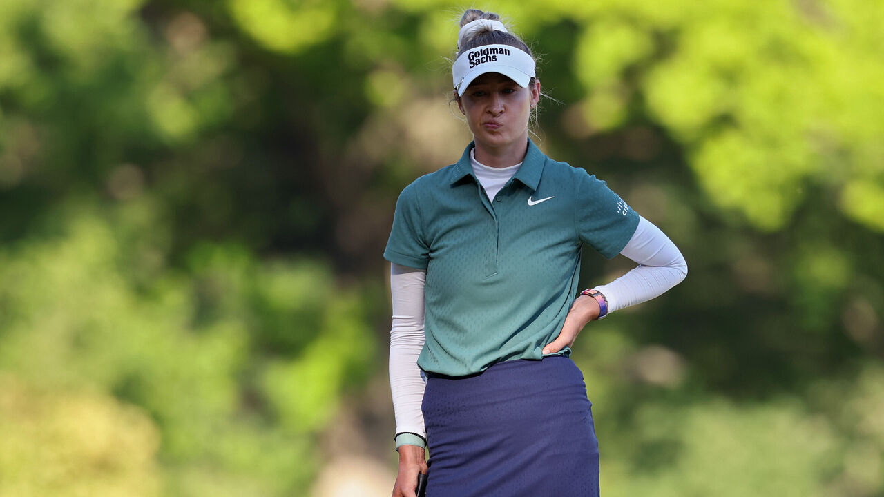 LANCASTER, PENNSYLVANIA - MAY 31: Nelly Korda of the United States reacts during the second round of the U.S. Women's Open Presented by Ally at Lancaster Country Club on May 31, 2024 in Lancaster, Pennsylvania.