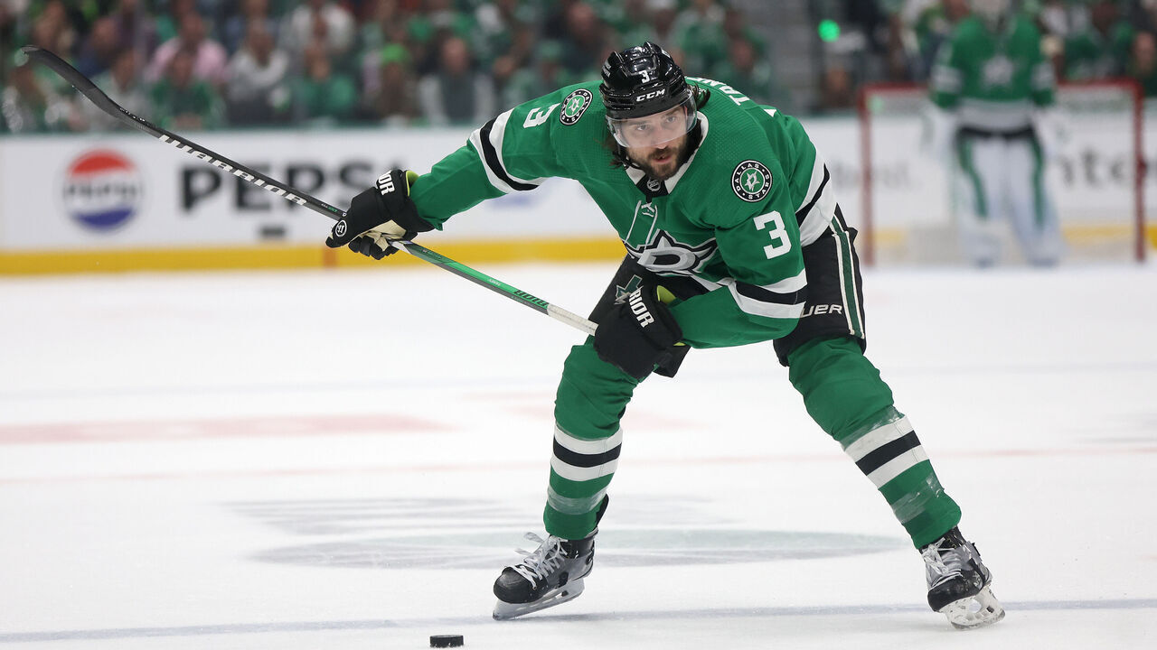 DALLAS, TEXAS - MAY 25: Chris Tanev #3 of the Dallas Stars fires a shot against the Edmonton Oilers in the first period during Game Two of the Western Conference Final of the 2024 Stanley Cup Playoffs at American Airlines Center on May 25, 2024 in Dallas, Texas.