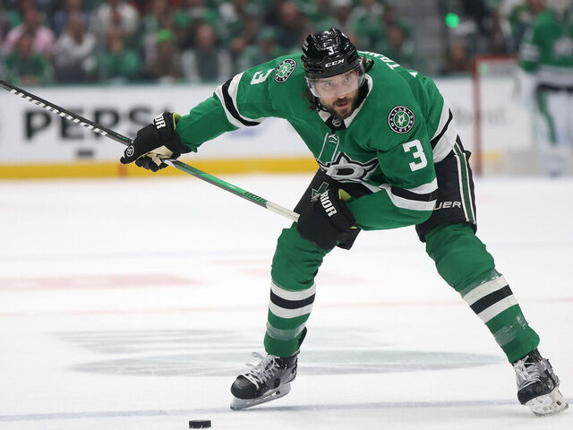 DALLAS, TEXAS - MAY 25: Chris Tanev #3 of the Dallas Stars fires a shot against the Edmonton Oilers in the first period during Game Two of the Western Conference Final of the 2024 Stanley Cup Playoffs at American Airlines Center on May 25, 2024 in Dallas, Texas.