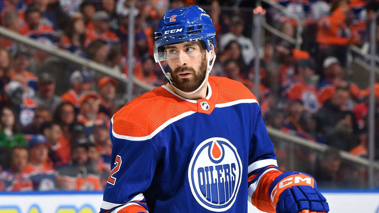 EDMONTON, CANADA - MAY 29: Evan Bouchard #2 of the Edmonton Oilers awaits a face-off during Game Four of the Western Conference Final of the 2024 Stanley Cup Playoffs against the Dallas Stars at Rogers Place on May 29, 2024, in Edmonton, Alberta, Canada.
