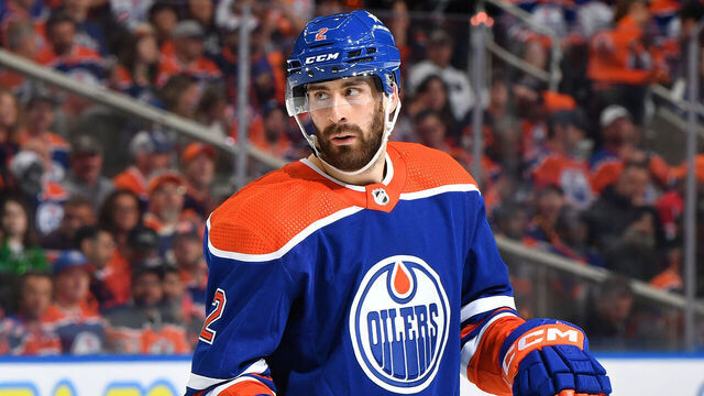 EDMONTON, CANADA - MAY 29: Evan Bouchard #2 of the Edmonton Oilers awaits a face-off during Game Four of the Western Conference Final of the 2024 Stanley Cup Playoffs against the Dallas Stars at Rogers Place on May 29, 2024, in Edmonton, Alberta, Canada.