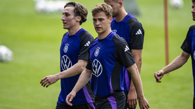 JENA, GERMANY - MAY 27: Joshua Kimmich of Germany looks on during the public training session on day one of the training camp on May 27, 2024 at Ad Hoc Arena in Jena, Germany.