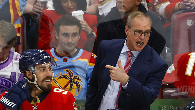 SUNRISE, FL - MAY 26: Head coach Paul Maurice of the Florida Panthers reacts to a conversation with referee Eric Furlatt #27 during third period action against of the New York Rangers in Game Three of the Eastern Conference Final of the 2024 Stanley Cup Playoffs at the Amerant Bank Arena on May 26, 2024 in Sunrise, Florida.