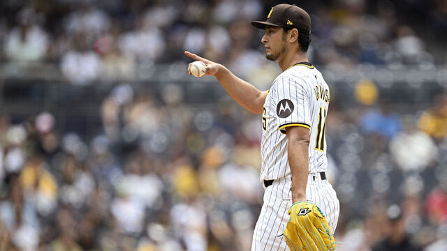 SAN DIEGO, CALIFORNIA - MAY 29: Yu Darvish #11 of the San Diego Padres gestures during the third inning against the Miami Marlins at Petco Park on May 29, 2024 in San Diego, California.