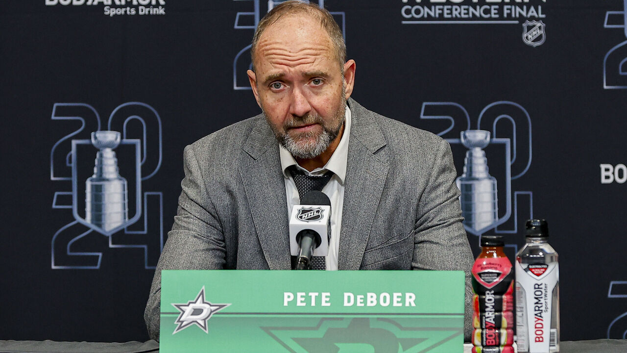 DALLAS, TX - MAY 31: Dallas Stars head coach Pete DeBoer addresses the media after game 5 of the Western Conference Final between the Dallas Stars and the Edmonton Oilers on May 31, 2024 at American Airlines Center in Dallas, Texas.