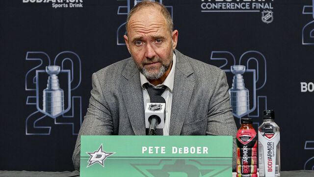DALLAS, TX - MAY 31: Dallas Stars head coach Pete DeBoer addresses the media after game 5 of the Western Conference Final between the Dallas Stars and the Edmonton Oilers on May 31, 2024 at American Airlines Center in Dallas, Texas.