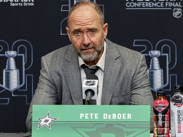DALLAS, TX - MAY 31: Dallas Stars head coach Pete DeBoer addresses the media after game 5 of the Western Conference Final between the Dallas Stars and the Edmonton Oilers on May 31, 2024 at American Airlines Center in Dallas, Texas.