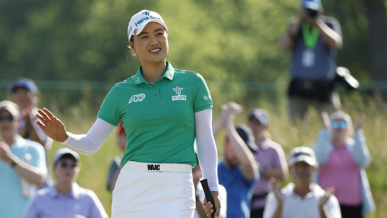 LANCASTER, PENNSYLVANIA - JUNE 01: Minjee Lee of Australia celebrates after a putt on the 16th green during the third round of the U.S. Women's Open Presented by Ally at Lancaster Country Club on June 01, 2024 in Lancaster, Pennsylvania.
