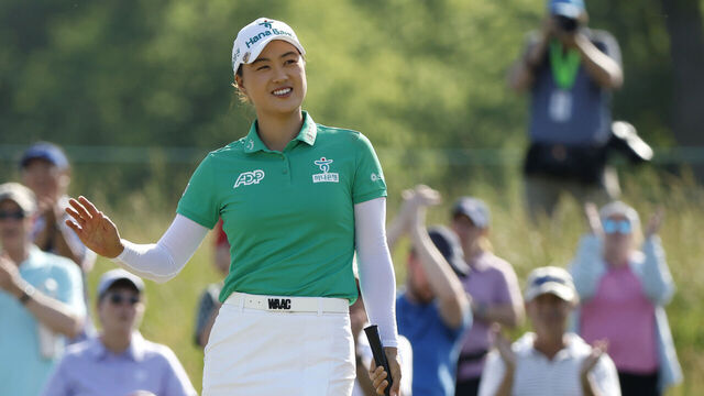 LANCASTER, PENNSYLVANIA - JUNE 01: Minjee Lee of Australia celebrates after a putt on the 16th green during the third round of the U.S. Women's Open Presented by Ally at Lancaster Country Club on June 01, 2024 in Lancaster, Pennsylvania.
