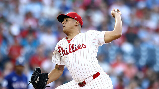 PHILADELPHIA, PENNSYLVANIA - MAY 21: Ranger Suárez #55 of the Philadelphia Phillies pitches during the third inning against the Texas Rangers at Citizens Bank Park on May 21, 2024 in Philadelphia, Pennsylvania.