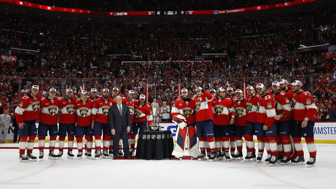 SUNRISE, FLORIDA - JUNE 1: NHL Deputy Commissioner Bill Daly presents the Prince of Wales Trophy to the Florida Panthers after defeating the New York Rangers in Game Six of the Eastern Conference Final at the Amerant Bank Arena on June 1, 2024 in Sunrise, Florida.