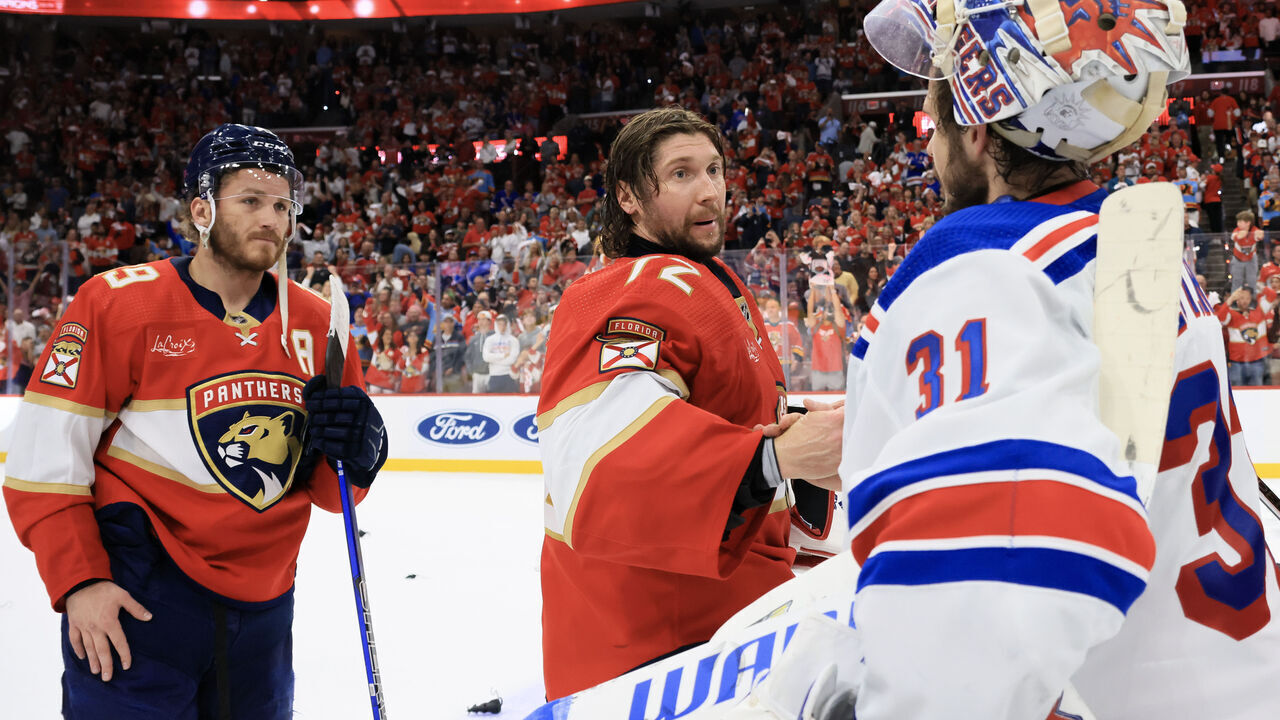 SUNRISE, FLORIDA - JUNE 01: Sergei Bobrovsky #72 of the Florida Panthers shakes hands with Igor Shesterkin #31 of the New York Rangers following Game Six of the Eastern Conference Final of the 2024 Stanley Cup Playoffs at Amerant Bank Arena on June 01, 2024 in Sunrise, Florida.