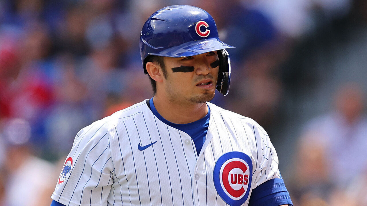 CHICAGO, ILLINOIS - MAY 31: Seiya Suzuki #27 of the Chicago Cubs reacts after striking out against the Cincinnati Reds during the first inning at Wrigley Field on May 31, 2024 in Chicago, Illinois.