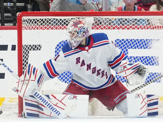 SUNRISE, FL - JUNE 01: New York Rangers goaltender Igor Shesterkin (31) makes a save in the third period during game six of the Eastern Conference Finals between the New York Ranges and the Florida Panthers on Saturday, June 1, 2024 at Amerant Bank Arena in Sunrise, Fla.
