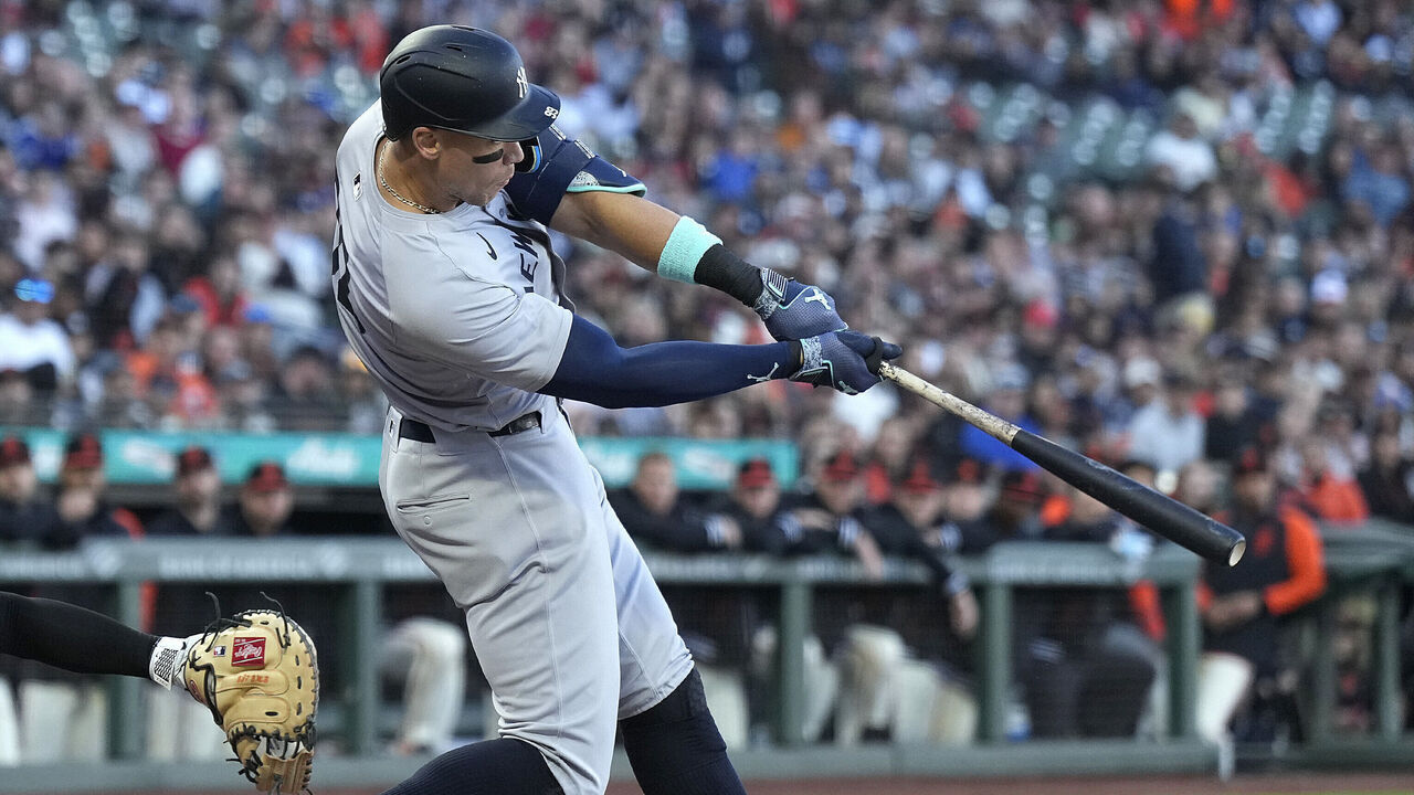 SAN FRANCISCO, CALIFORNIA - JUNE 01: Aaron Judge #99 of the New York Yankees hits a two-run home run against the San Francisco Giants in the top of the first inning at Oracle Park on June 01, 2024 in San Francisco, California.