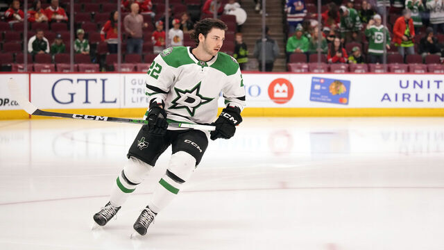 CHICAGO, ILLINOIS - APRIL 06: Mavrik Bourque #22 of the Dallas Stars takes his "rookie lap" prior to his NHL debut against the Chicago Blackhawks at the United Center on April 06, 2024 in Chicago, Illinois.