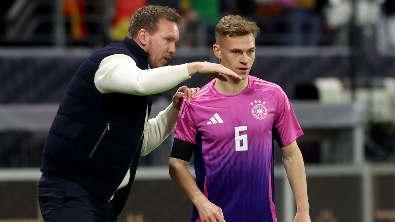 FRANKFURT AM MAIN, GERMANY - MARCH 26: Julian Nagelsmann, head coach of Germany reacts to his player Joshua Kimmich during the international friendly match between Germany and Netherlands at Deutsche Bank Park on March 26, 2024 in Frankfurt am Main, Germany.