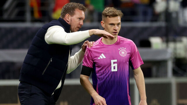 FRANKFURT AM MAIN, GERMANY - MARCH 26: Julian Nagelsmann, head coach of Germany reacts to his player Joshua Kimmich during the international friendly match between Germany and Netherlands at Deutsche Bank Park on March 26, 2024 in Frankfurt am Main, Germany.