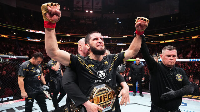 NEWARK, NEW JERSEY - JUNE 01: Islam Makhachev of Russia reacts after his submission victory against Dustin Poirier in the UFC lightweight championship fight during the UFC 302 event at Prudential Center on June 01, 2024 in Newark, New Jersey.